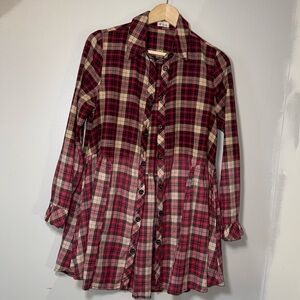 POL Women's Button Up Plaid Dress Red and Tan Size Small
